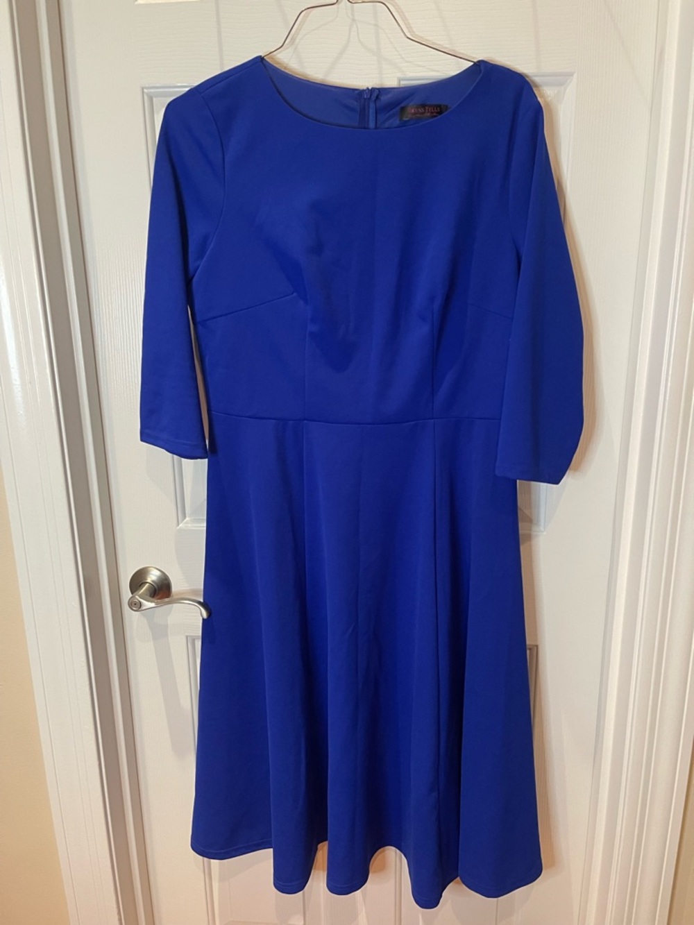 Royal Blue Fit-and-Flare Midi Dress with Three-Quarter Sleeves - Picture 3 of 12